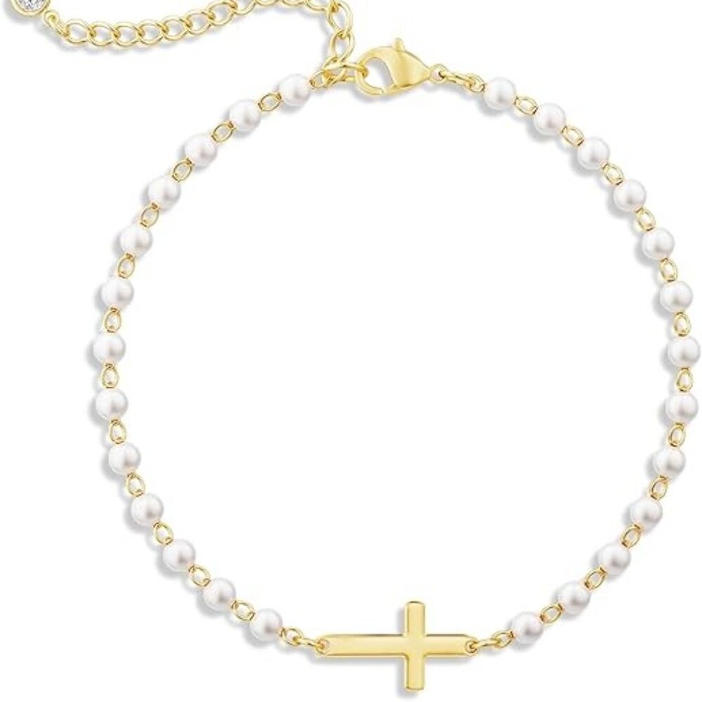 925 Sterling Silver CZ Bracelet - Pearl Cross Bracelet Gold